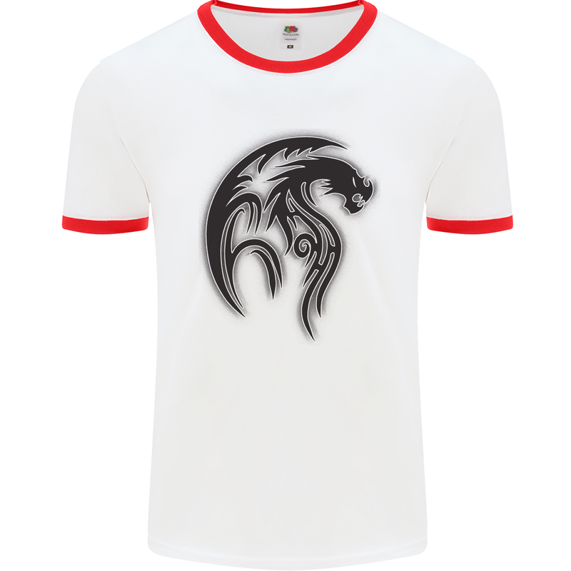 Black Tribal Tattoo Style Dragon Mens Ringer T-Shirt White/Red