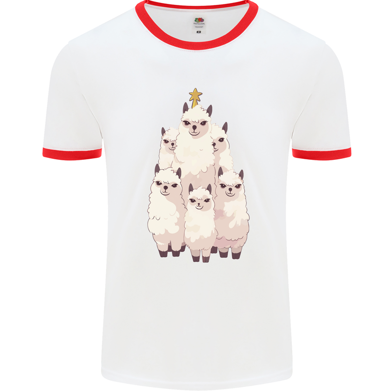 Llama Christmas Tree Xmas Mens Ringer T-Shirt White/Red