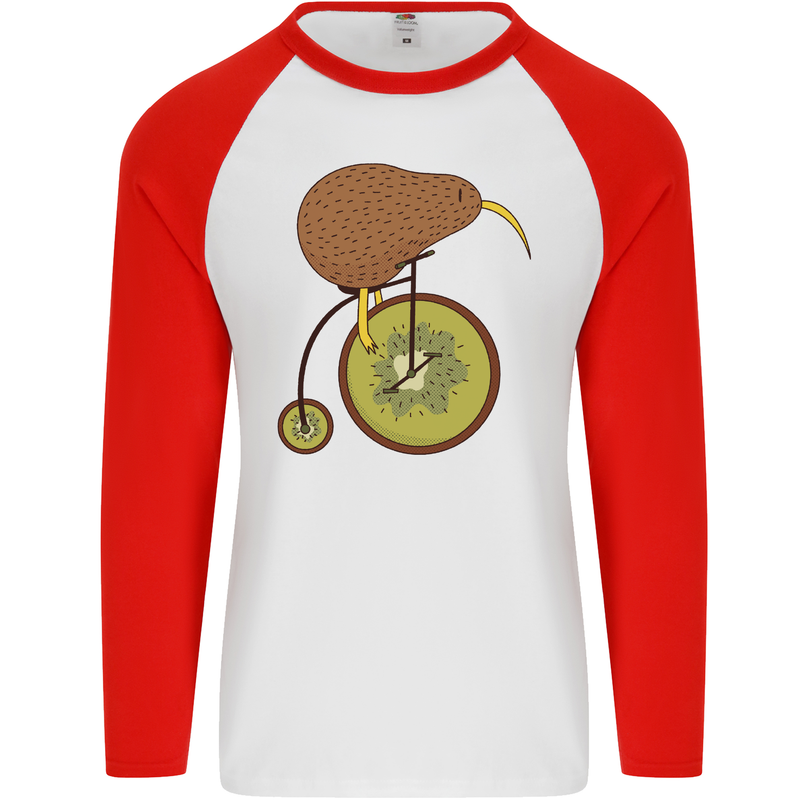 Funny Cycling Kiwi Bicycle Bike Mens L/S Baseball T-Shirt White/Red