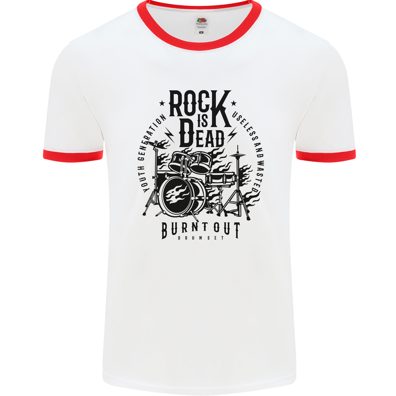 Rock is Dead Drum Kit Drummer Drumming Mens Ringer T-Shirt White/Red