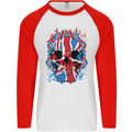 Union Jack Flag Skull Gym MMA Biker Mens L/S Baseball T-Shirt White/Red