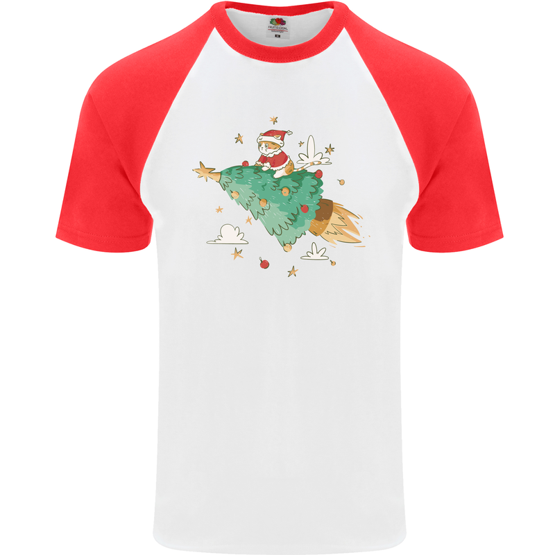 Christmas Cat Space Rocket Xmas Tree Ship Mens S/S Baseball T-Shirt White/Red