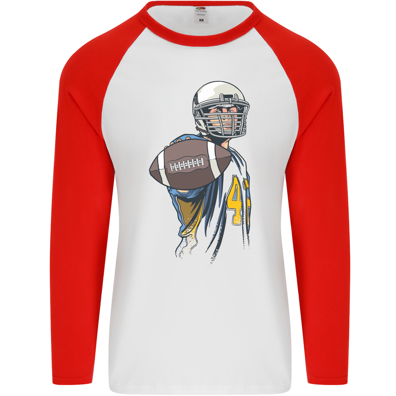 American Football Player Holding a Ball Mens L/S Baseball T-Shirt White/Red