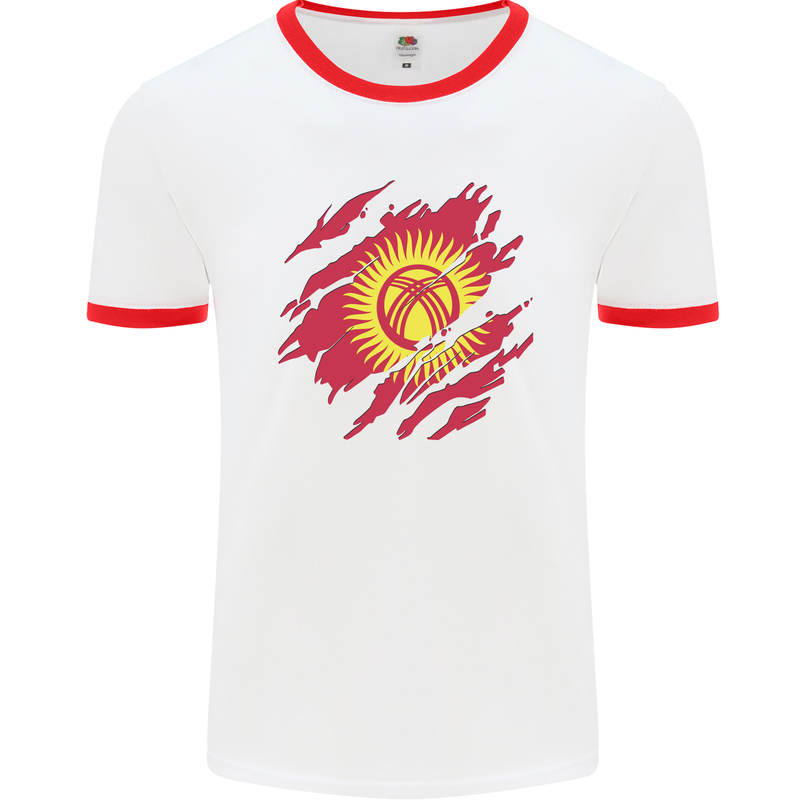 Torn  Kyrgyzstan Flag Kyrgyz Day Football Mens Ringer T-Shirt White/Red