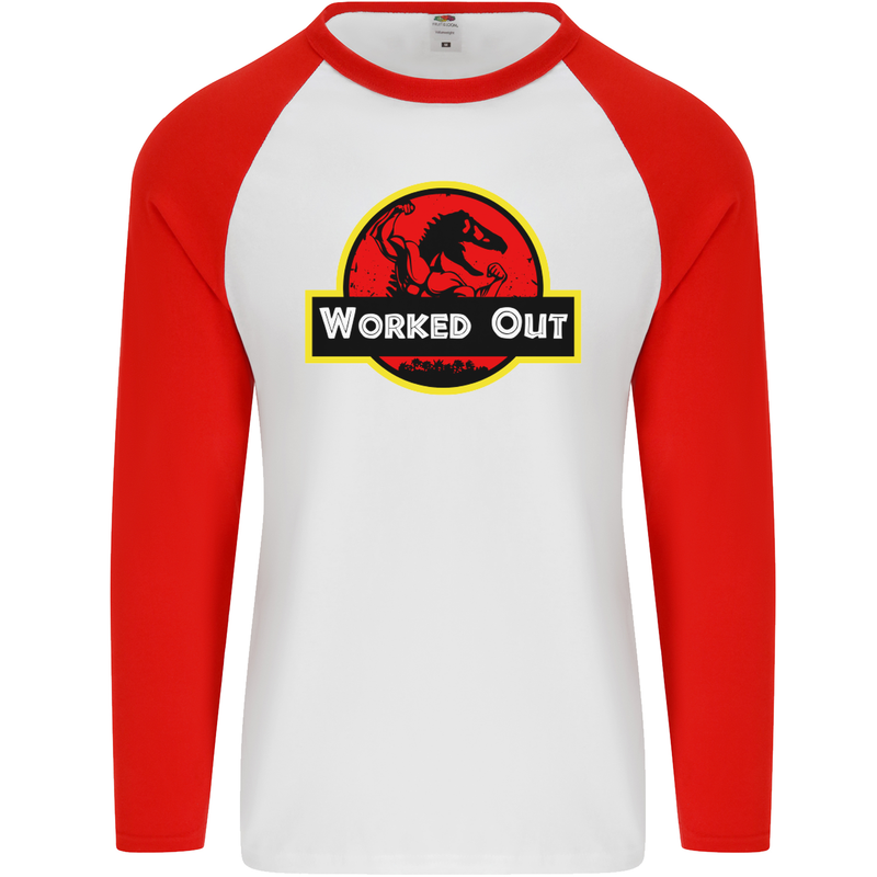 Gym Worked Out Training Top Fitness Mens L/S Baseball T-Shirt White/Red