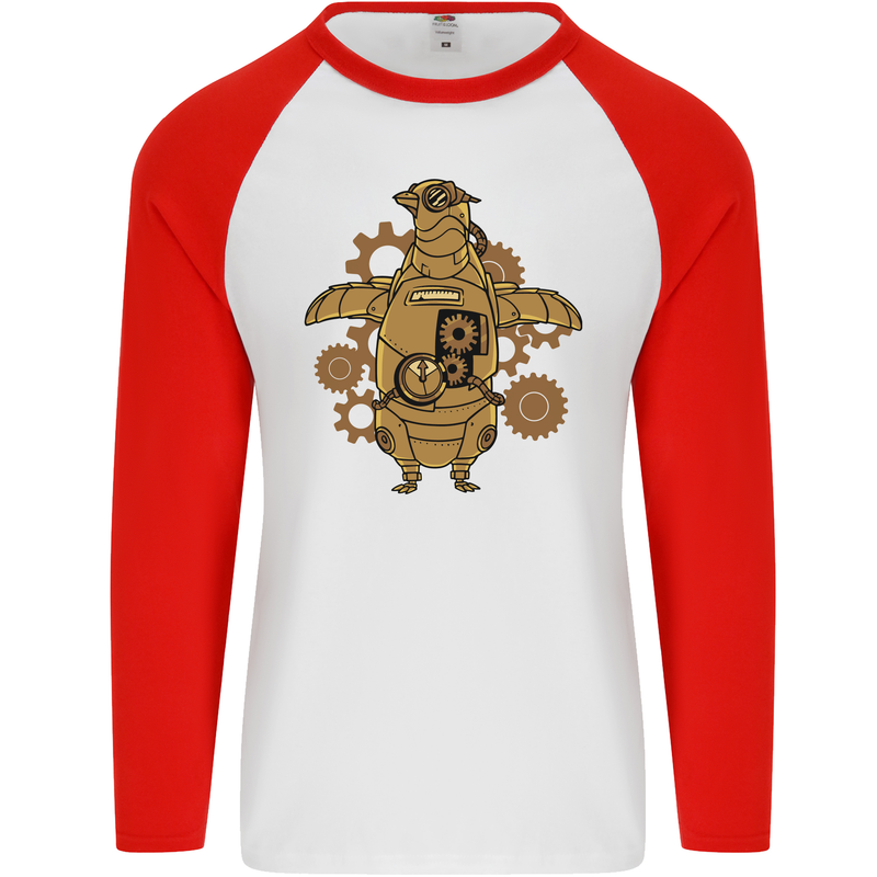 A Steampunk Penguin Mens L/S Baseball T-Shirt White/Red