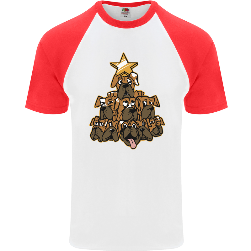 Christmas Boxer Dog Xmas Tree Funny Mens S/S Baseball T-Shirt White/Red