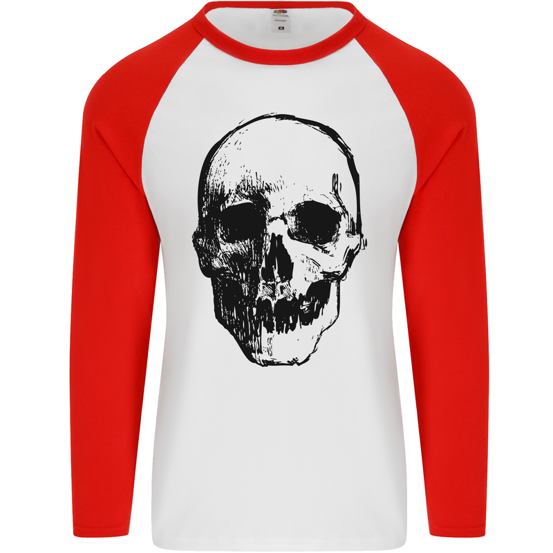 Human Skull Mens L/S Baseball T-Shirt White/Red