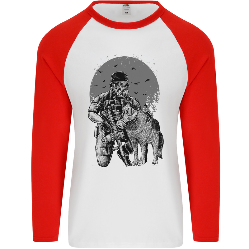 Gas Mask & Dog Apocalypse Armed Militia Mens L/S Baseball T-Shirt White/Red