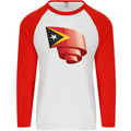 Curled East Timor Flag Day Football Mens L/S Baseball T-Shirt White/Red