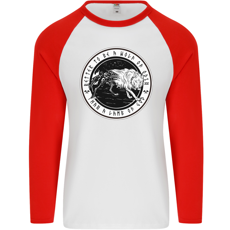 Viking a Wolf of Odin Than a Lamb of God Mens L/S Baseball T-Shirt White/Red