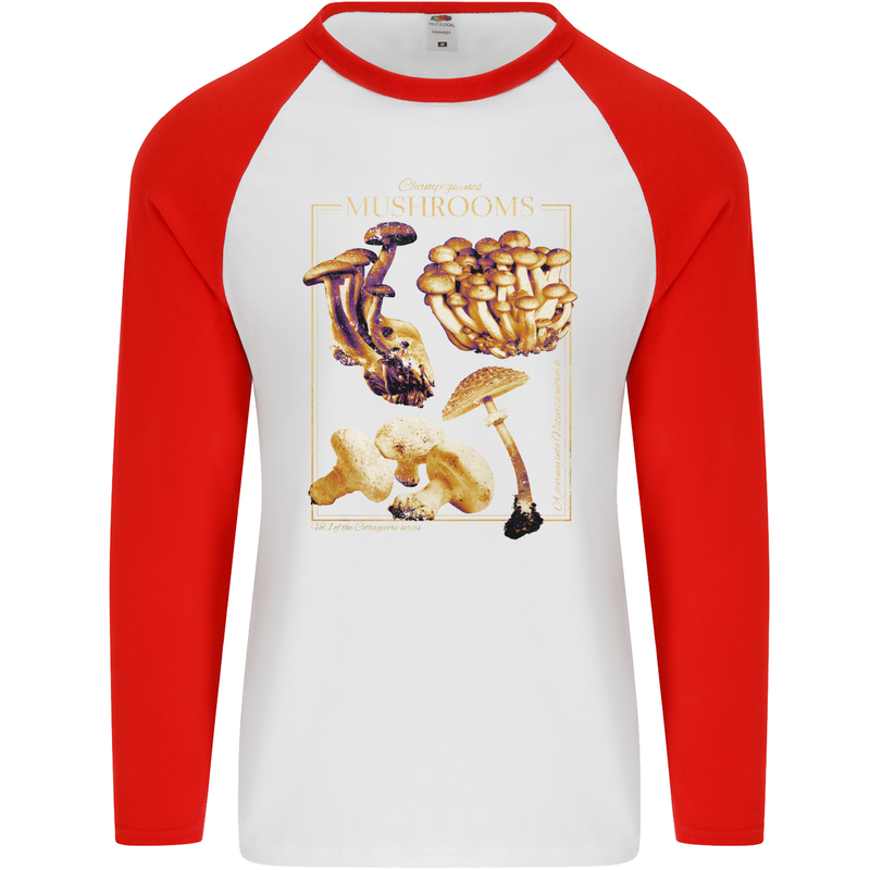 Mushroom Species Mycology Foraging Mens L/S Baseball T-Shirt White/Red