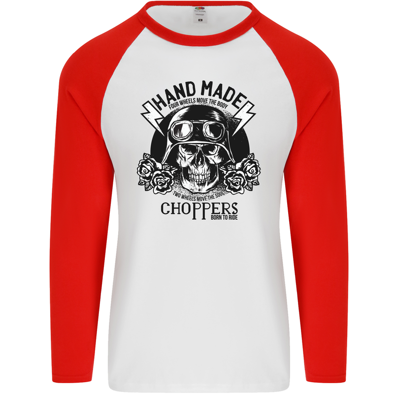 Handmade Choppers Biker Motorcycle Bike Mens L/S Baseball T-Shirt White/Red