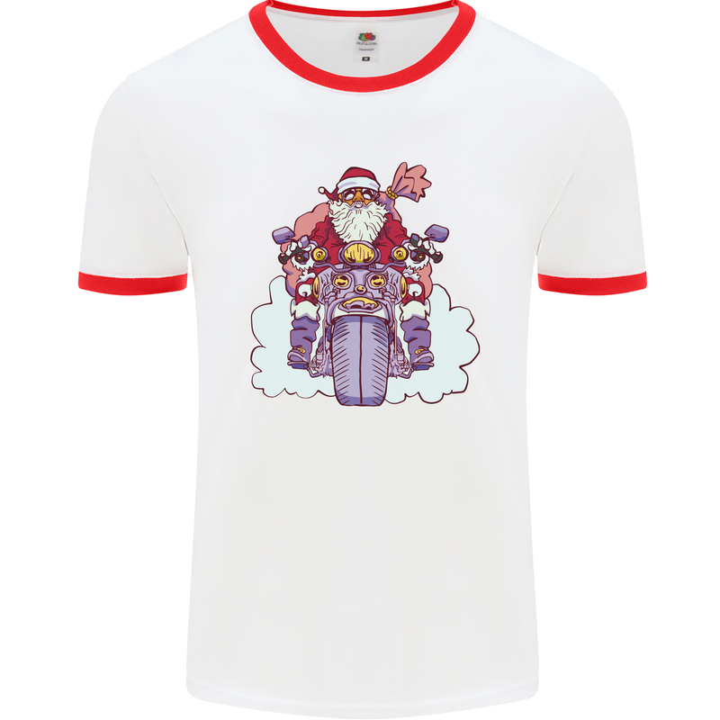 Biker Santa Christmas Motorcycle Motorbike Mens Ringer T-Shirt White/Red