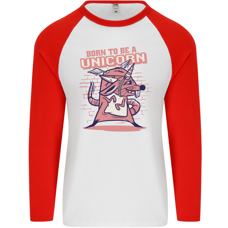 A Rat Born To Be a Unicorn Funny Mens L/S Baseball T-Shirt White/Red