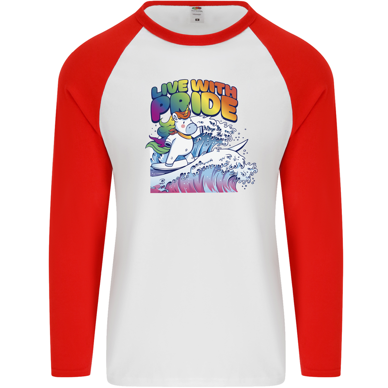 Live With Pride Unicorn Gay Pride Awareness LGBT Mens L/S Baseball T-Shirt White/Red