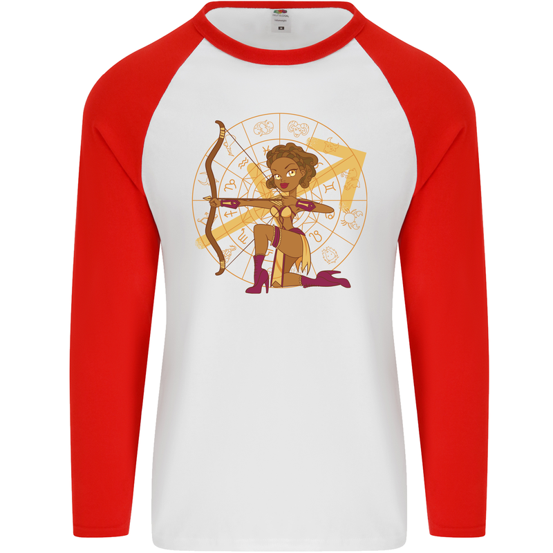 Sagittarius Female Archer Star Sign Mens L/S Baseball T-Shirt White/Red