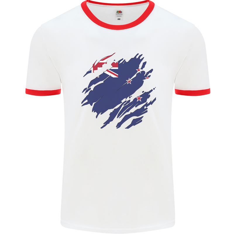 Torn New Zealand Flag Zealander Kiwi Day Mens Ringer T-Shirt White/Red