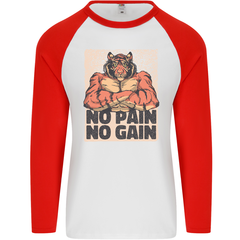 Gym Tiger No Pain No Gain Training Top Mens L/S Baseball T-Shirt White/Red