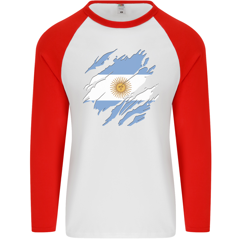 Torn Argentina Flag Argentinian Day Football Mens L/S Baseball T-Shirt White/Red