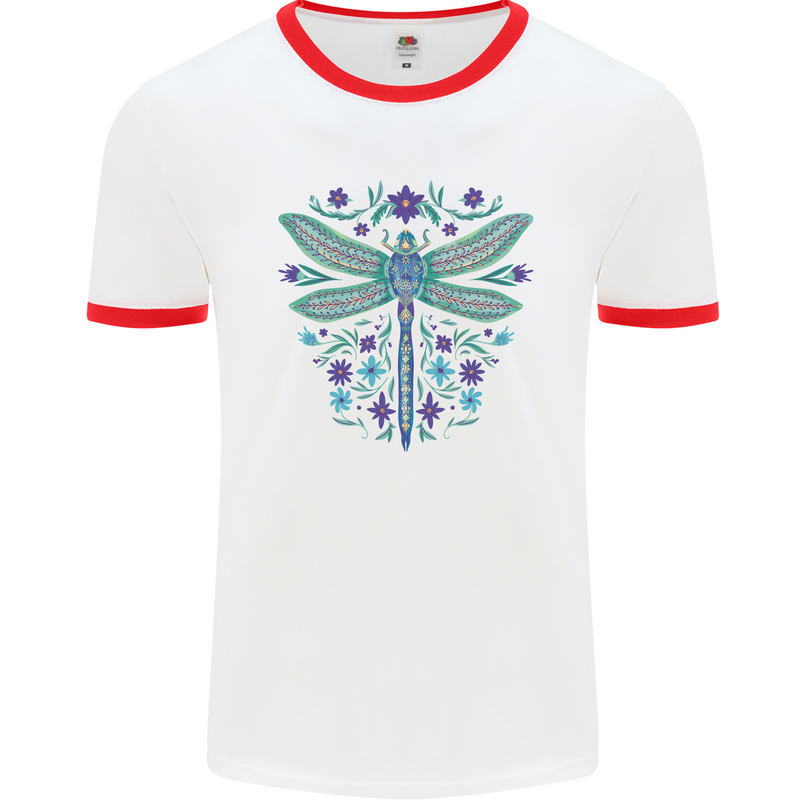 A Floral Dragonfly Mens Ringer T-Shirt White/Red