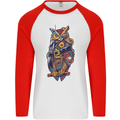 Funny Steampunk Pirate Owl Mens L/S Baseball T-Shirt White/Red