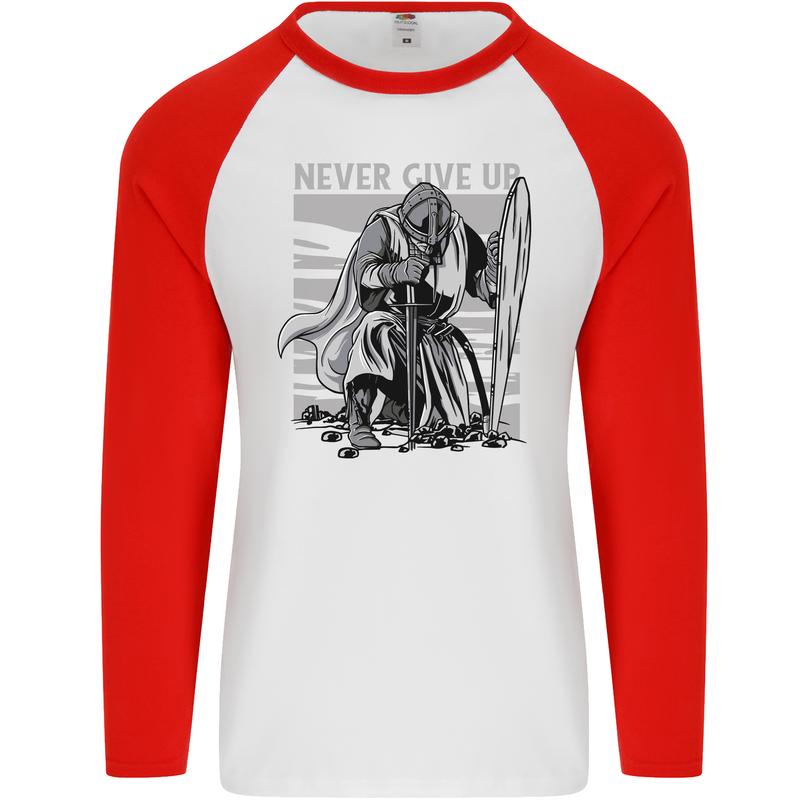 Teutonic Knight Never Give Up Crusader Gym Mens L/S Baseball T-Shirt White/Red