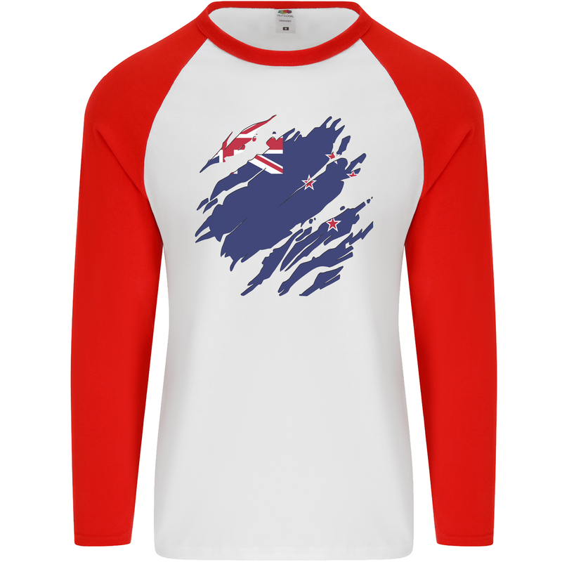 Torn New Zealand Flag Zealander Kiwi Day Mens L/S Baseball T-Shirt White/Red