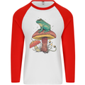 A Frog Sitting on a Mushroom Mens L/S Baseball T-Shirt White/Red