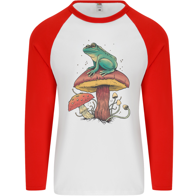 A Frog Sitting on a Mushroom Mens L/S Baseball T-Shirt White/Red