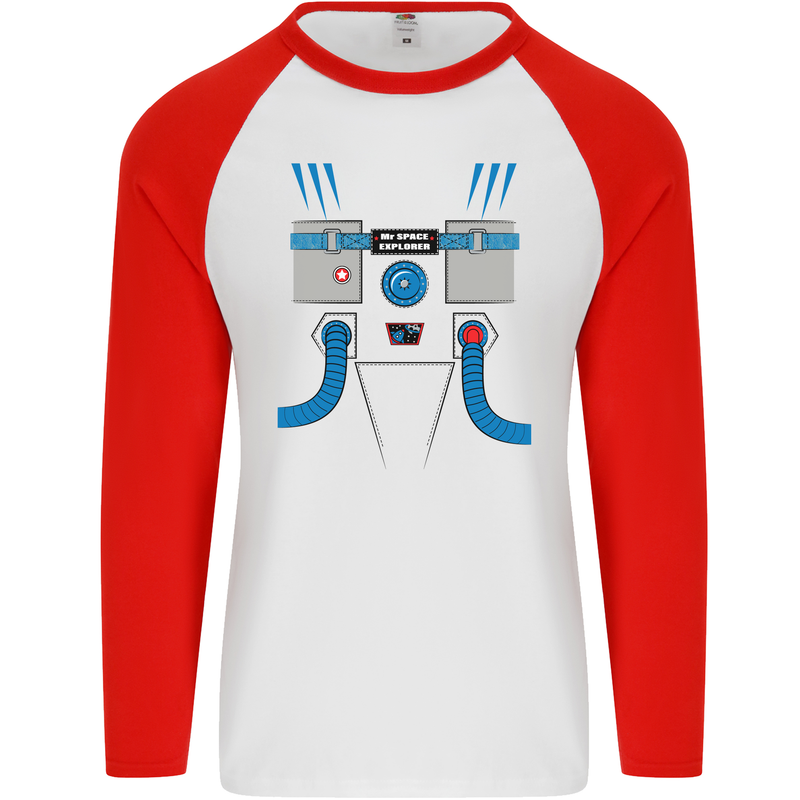 Astronaut Fancy Dress Costume Mens L/S Baseball T-Shirt White/Red