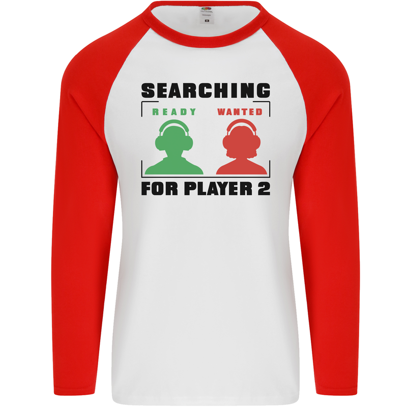 Player Two Wanted Funny Singles Day Gamer Mens L/S Baseball T-Shirt White/Red