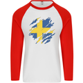 Torn Swedish Flag Sweden Day Football Mens L/S Baseball T-Shirt White/Red