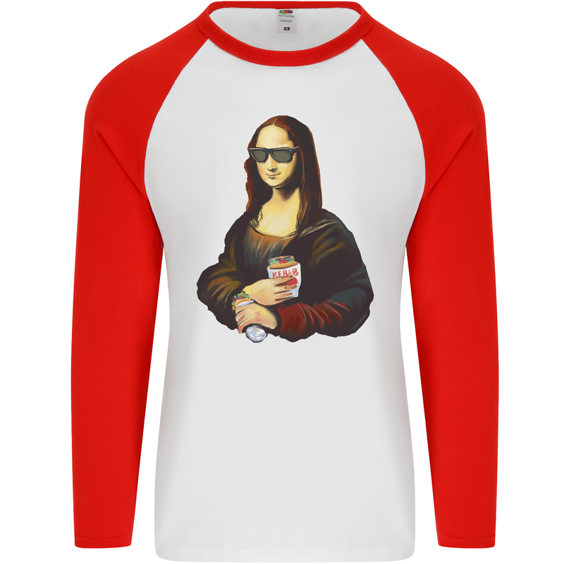 Kebab Mona Lisa Funny Food Mens L/S Baseball T-Shirt White/Red