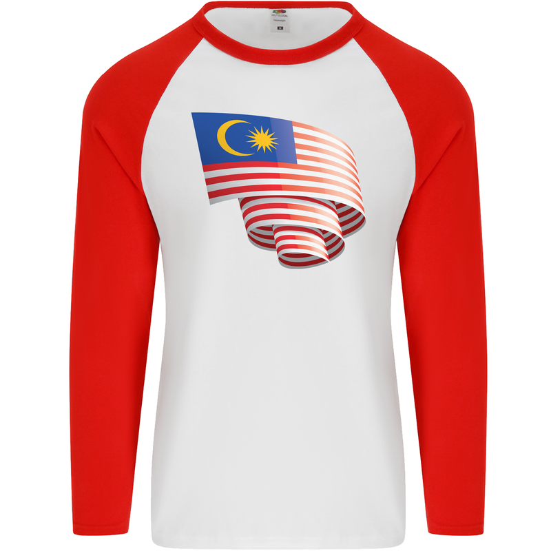 Curled Malaysia Flag Malaysian Day Football Mens L/S Baseball T-Shirt White/Red
