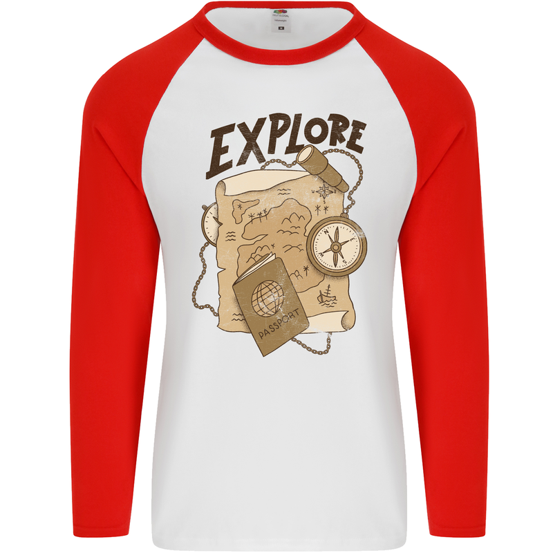 Explore Travel Orienteering Mountaineering Mens L/S Baseball T-Shirt White/Red