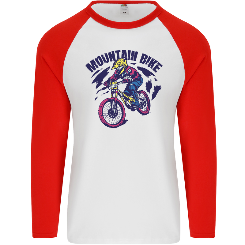 Cycling Mountain Bike Bicycle Cyclist MTB Mens L/S Baseball T-Shirt White/Red