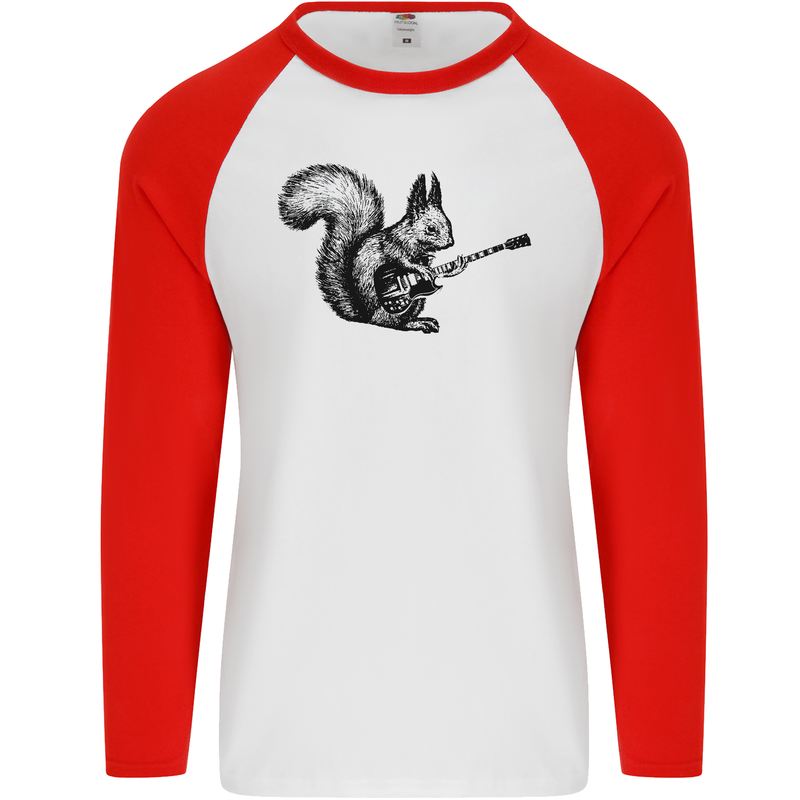 A Squirrel Playing the Guitar Mens L/S Baseball T-Shirt White/Red