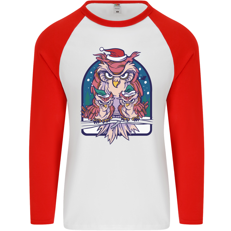 Bah Humbug Grumpy Christmas Owls Mens L/S Baseball T-Shirt White/Red