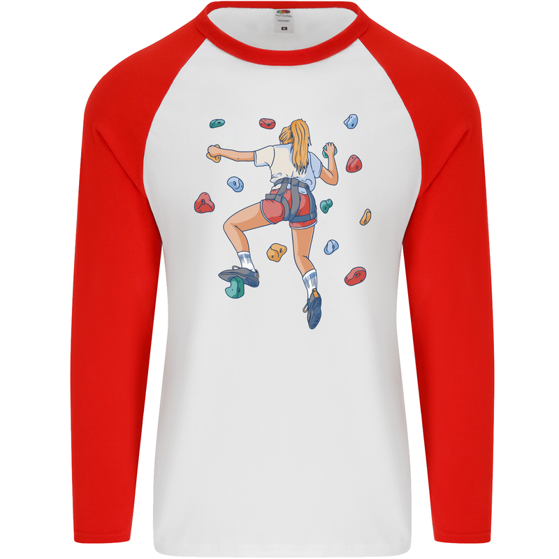 Female Rock Climber Climbing Wall Mens L/S Baseball T-Shirt White/Red