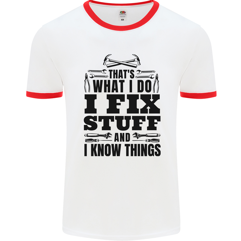 I Fix Stuff Funny Electrician Sparky DIY Mens Ringer T-Shirt White/Red