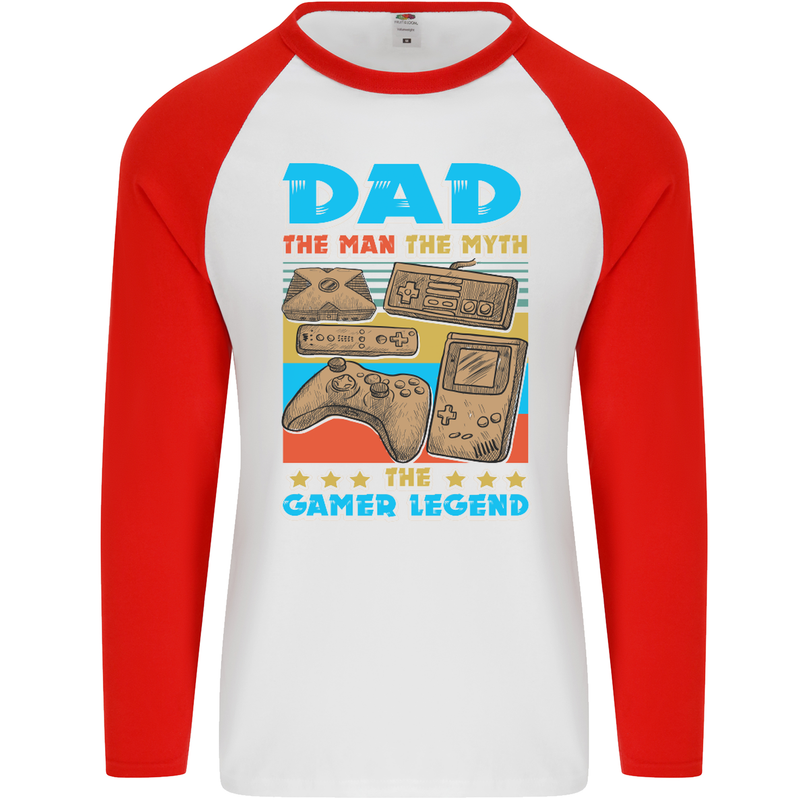 Dad Gamer Legend Fathers Day Gaming Funny Mens L/S Baseball T-Shirt White/Red