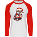 Christmas British Bulldog Union Jack Dog Xmas Mens L/S Baseball T-Shirt White/Red