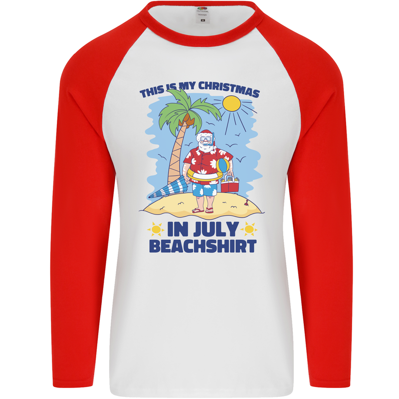 Christmas in July Summer Santa Clause Beach Mens L/S Baseball T-Shirt White/Red