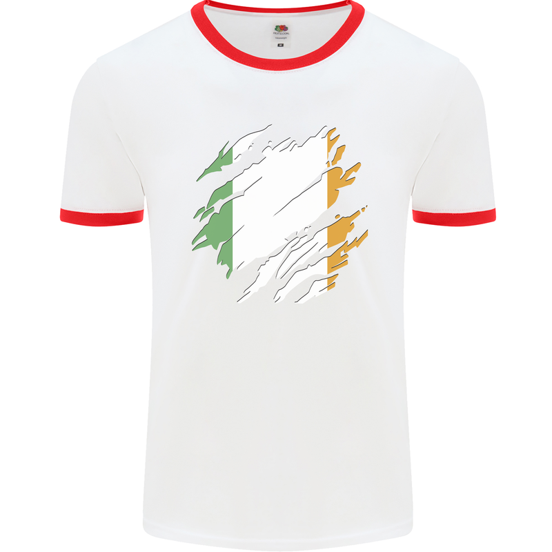 Torn Ireland Flag Irish St Patricks Day Football Mens Ringer T-Shirt White/Red