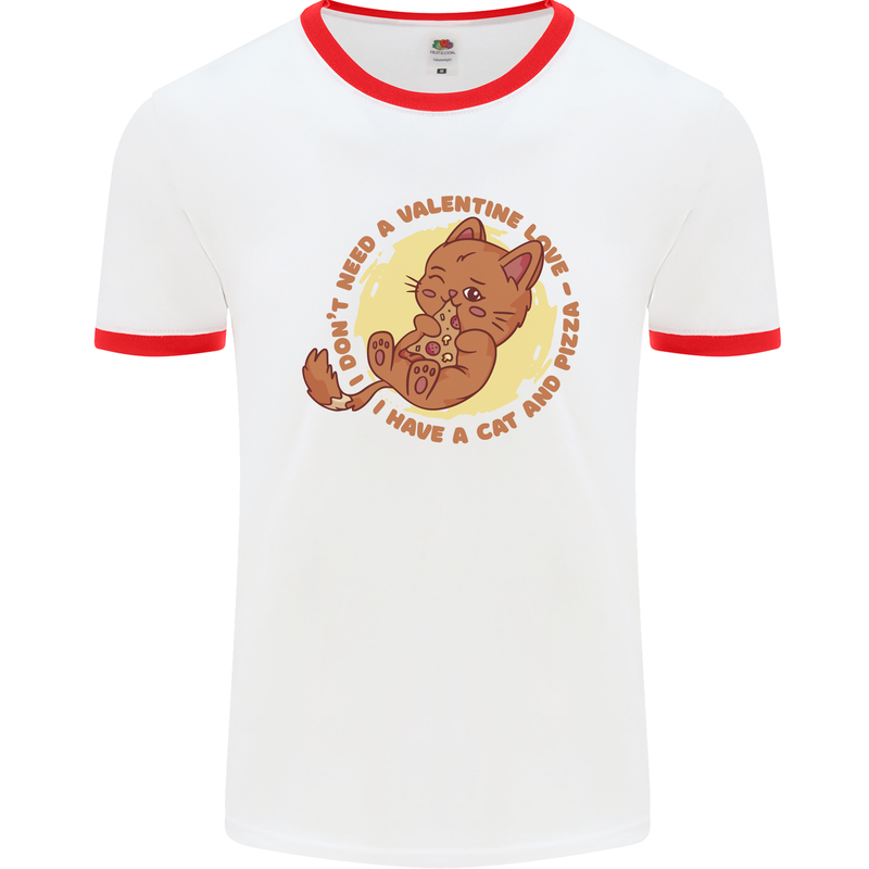 Cat & Pizza Anti Valentines Singles Day Mens Ringer T-Shirt White/Red