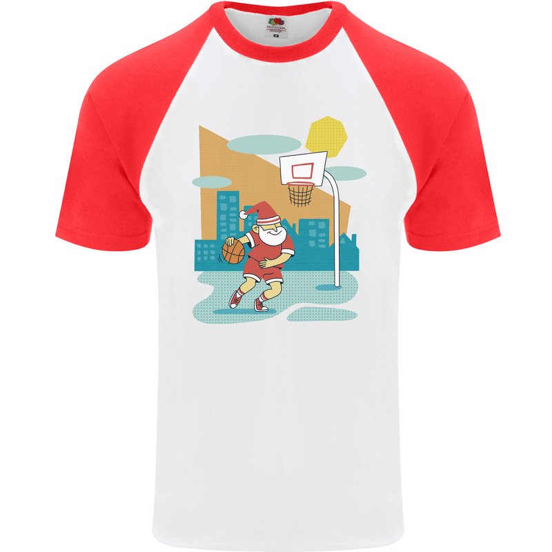 Christmas Santa Playing Basketball Xmas Mens S/S Baseball T-Shirt White/Red