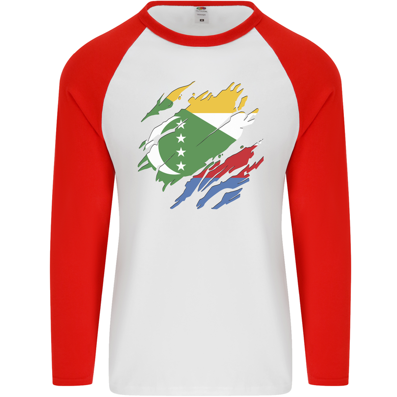 Torn Comoros Flag Comorian Day Football Mens L/S Baseball T-Shirt White/Red