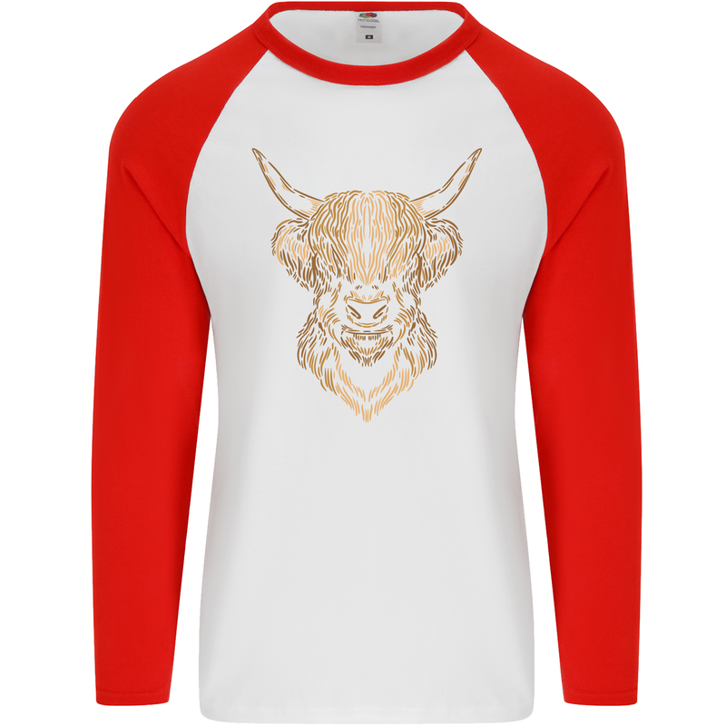 A Highland Cow Drawing Mens L/S Baseball T-Shirt White/Red