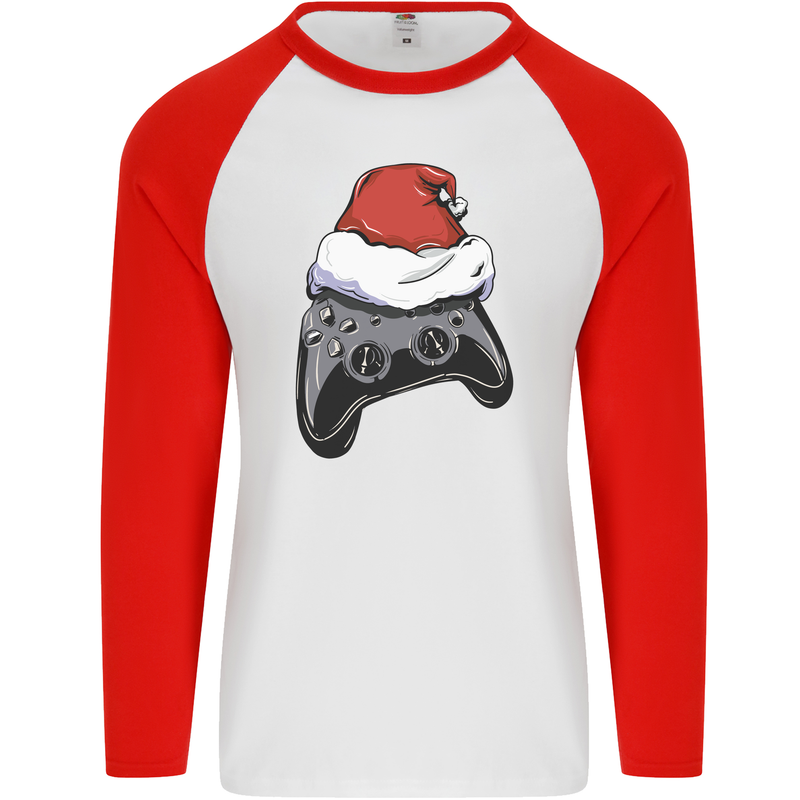 Christmas Video Game Controller Gaming Joypad Mens L/S Baseball T-Shirt White/Red